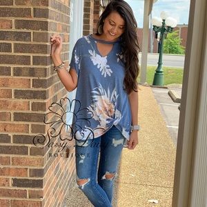Blue floral cut out knot tie top